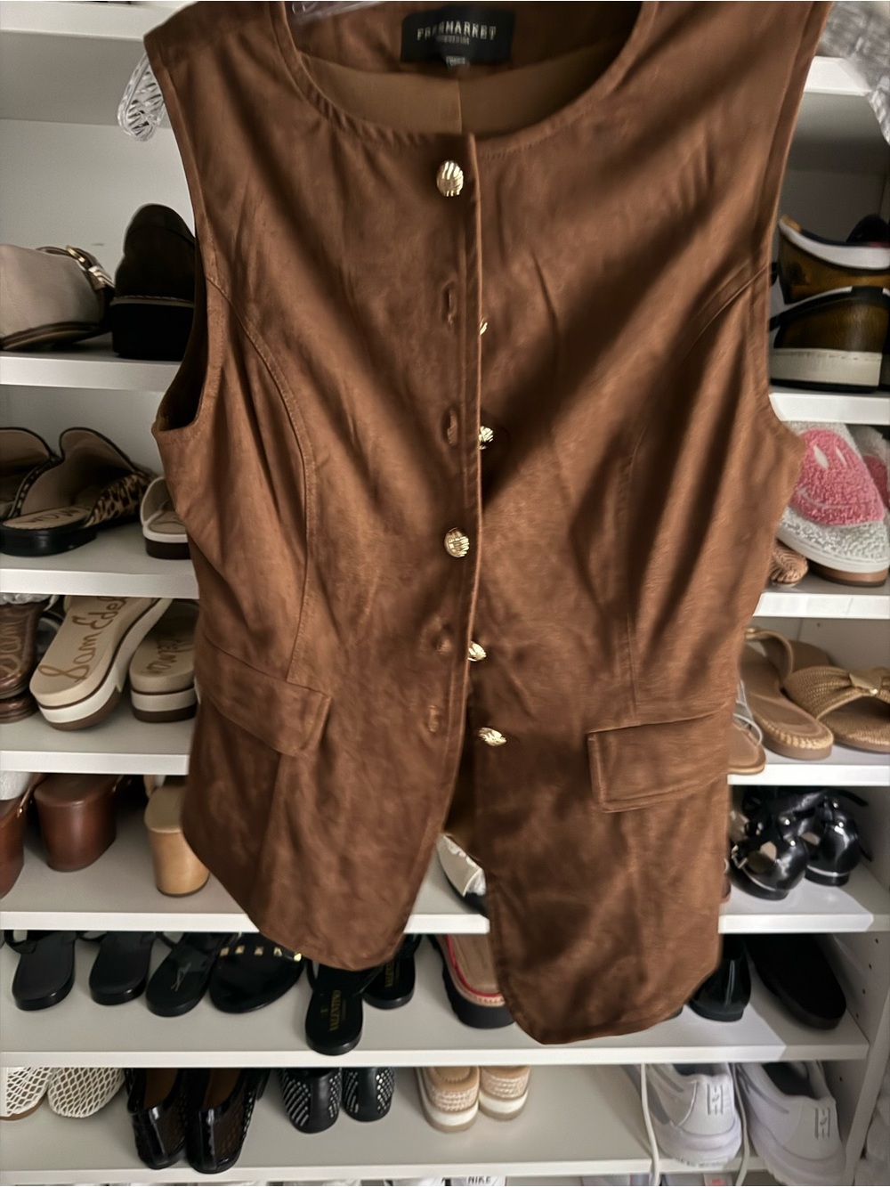 Sleeveless Faux Leather Vest in Brown with Gold Buttons
